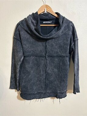 Beau Jours Washed Black Funnel-Neck Pullover Exposed Seams Size Medium Lagenlook